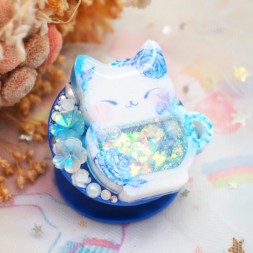 Blue Porcelain Teacat phone grip (Dark Blue)
