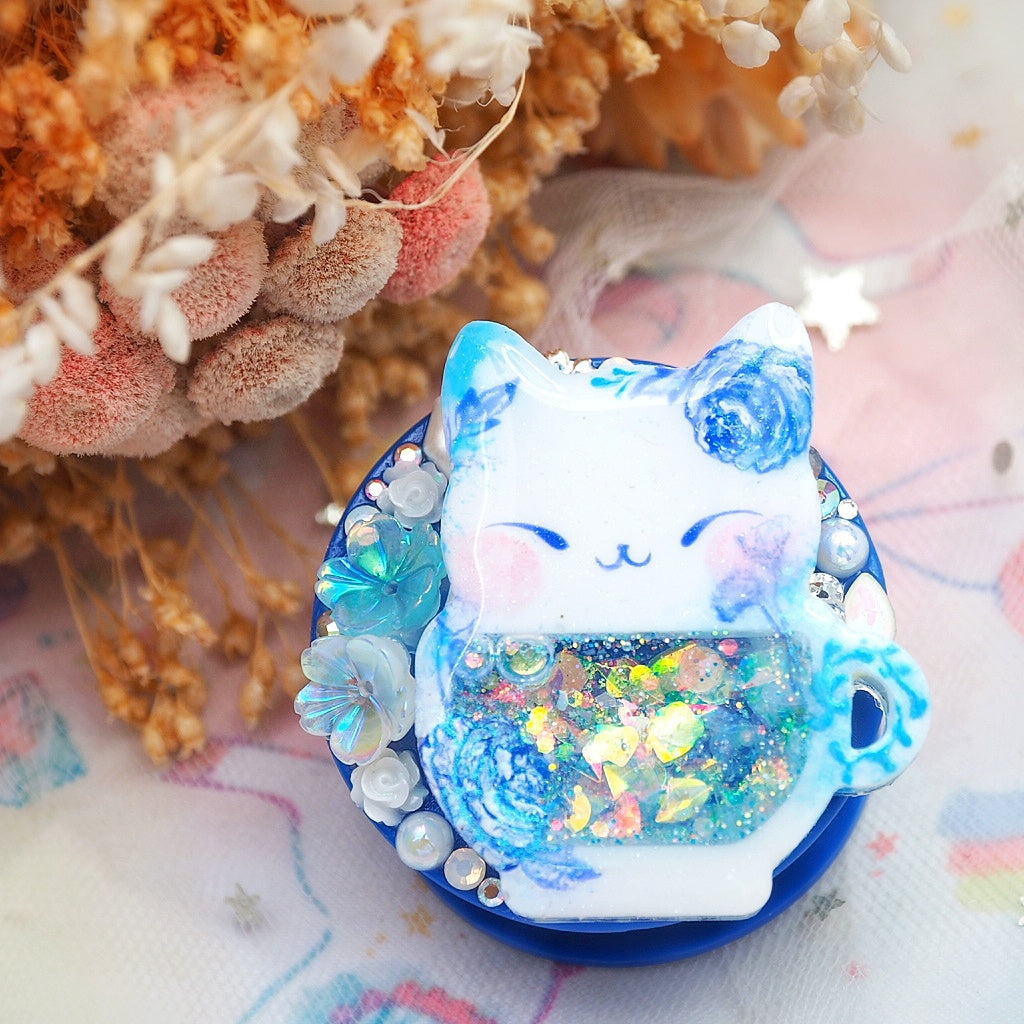 Blue Porcelain Teacat phone grip (Dark Blue)