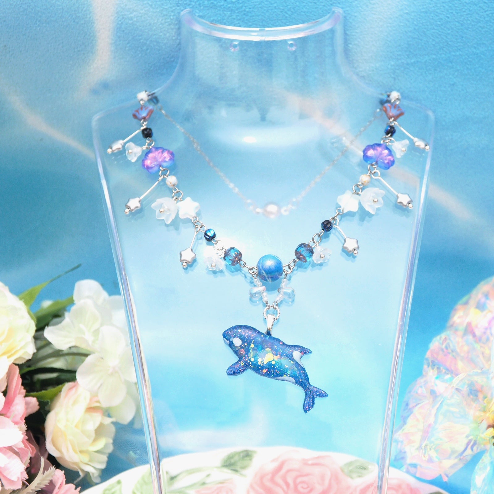 Across the Cosmic Railway - 12" Beaded Necklace with Orca Charm