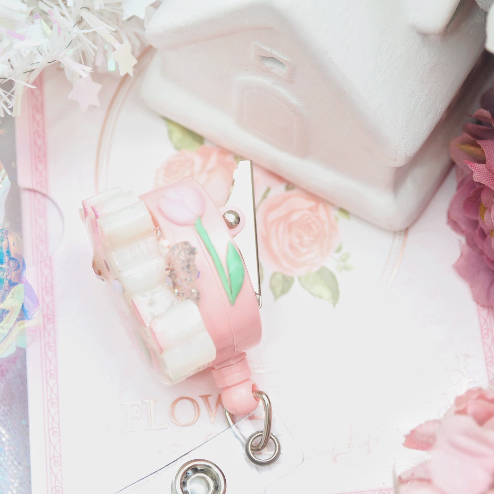 Fairy Cow Round Badge Reel (with sculpted flower on side)
