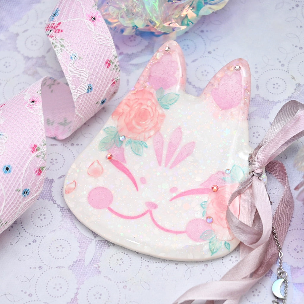 Pink Rose Painted Kitsune Mask