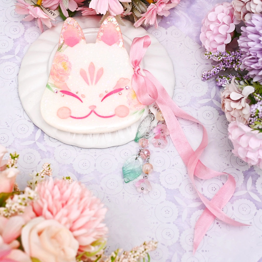 Pink Peony Painted Kitsune Mask