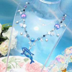 Across the Cosmic Railway - 12" Beaded Necklace with Orca Charm