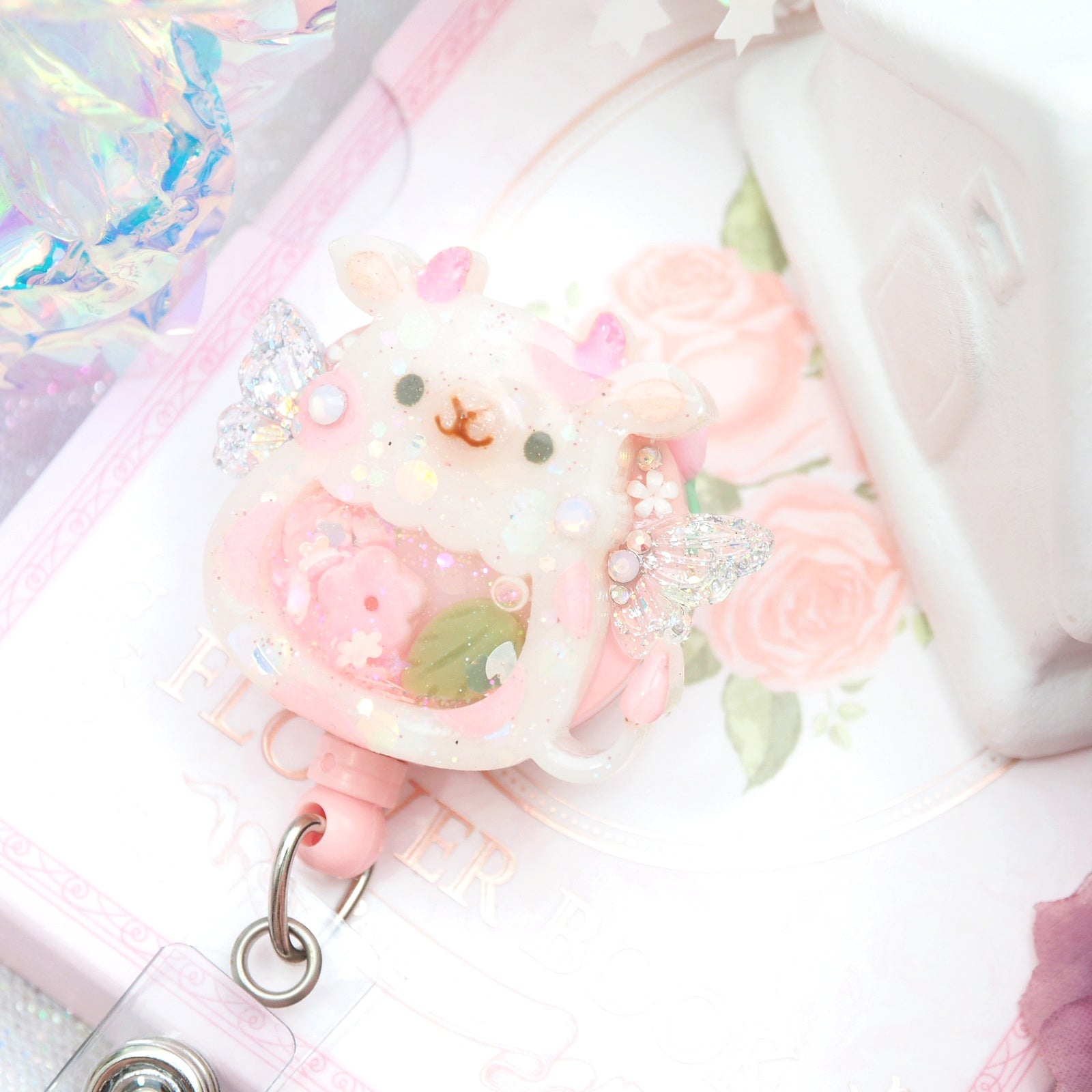 Fairy Cow Round Badge Reel (with sculpted flower on side)