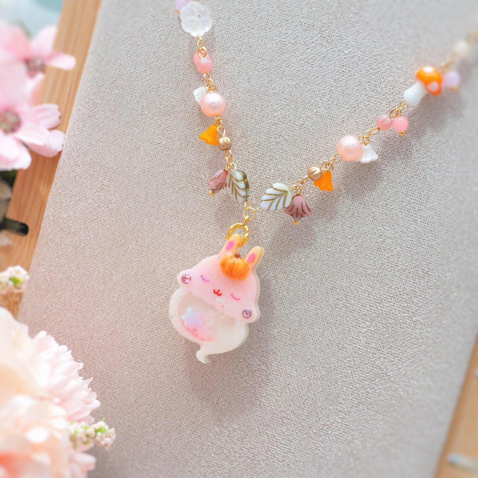 Light Up✨Pink Autumn Ghostie Bunkin 14" Beaded Necklace