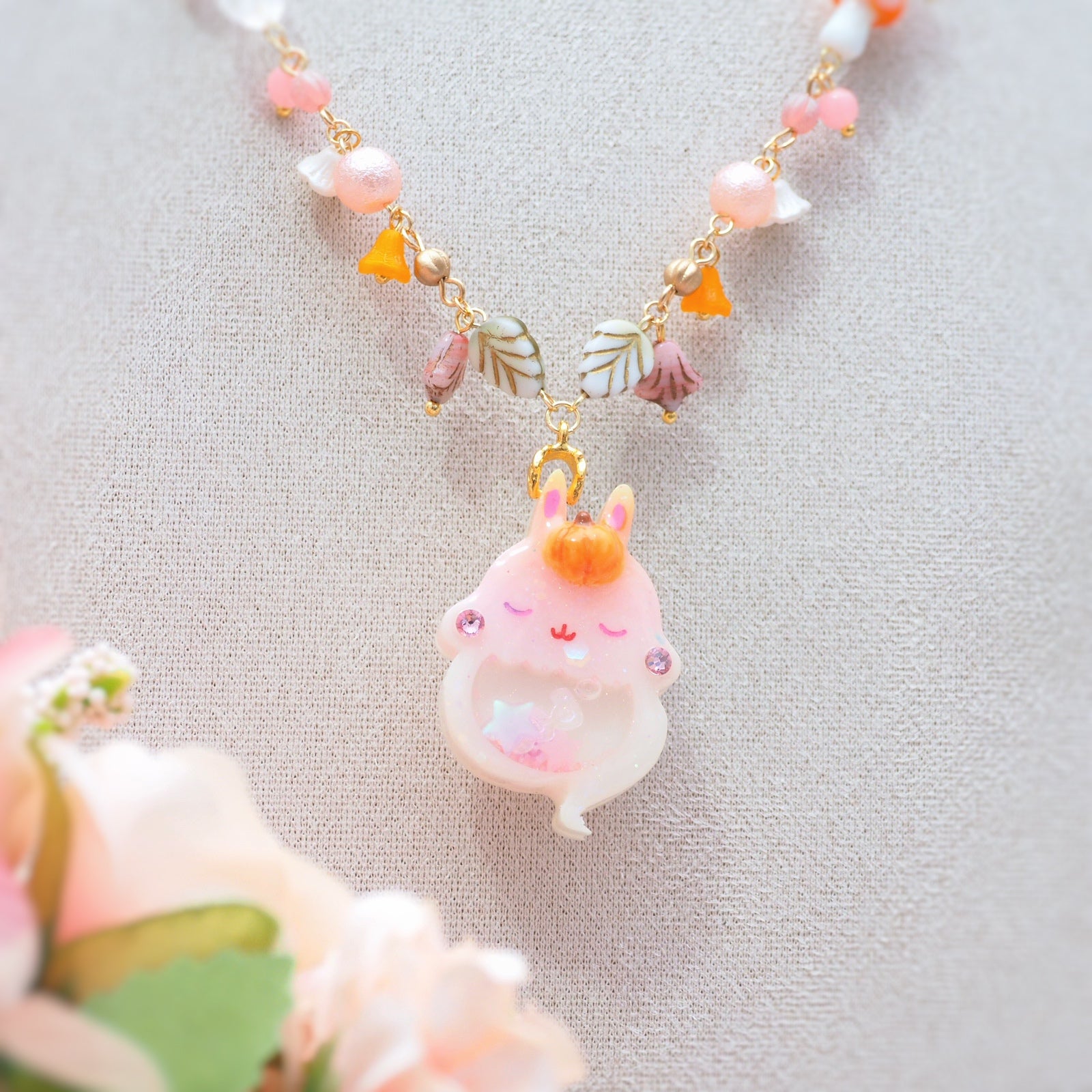 Light Up✨Pink Autumn Ghostie Bunkin 14" Beaded Necklace