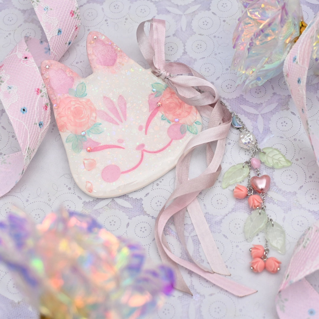 Pink Rose Painted Kitsune Mask