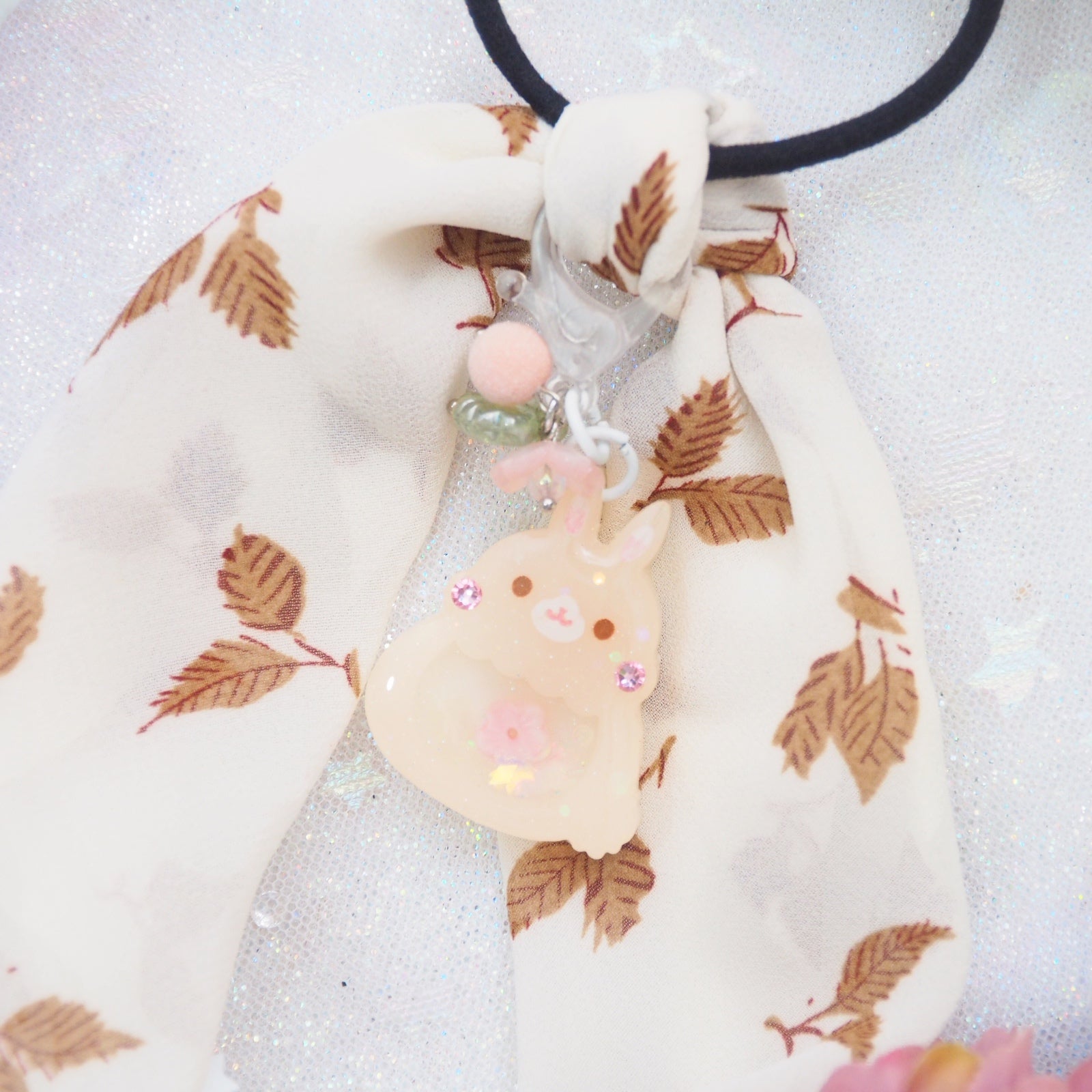 Peach Bun Charm with Leaf print ribbon Hairtie (Flocked back)