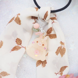 Peach Bun Charm with Leaf print ribbon Hairtie (Flocked back)