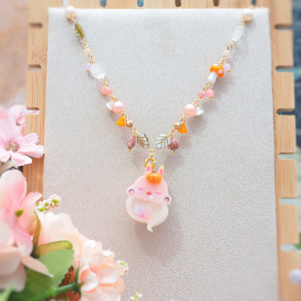 Light Up✨Pink Autumn Ghostie Bunkin 14" Beaded Necklace