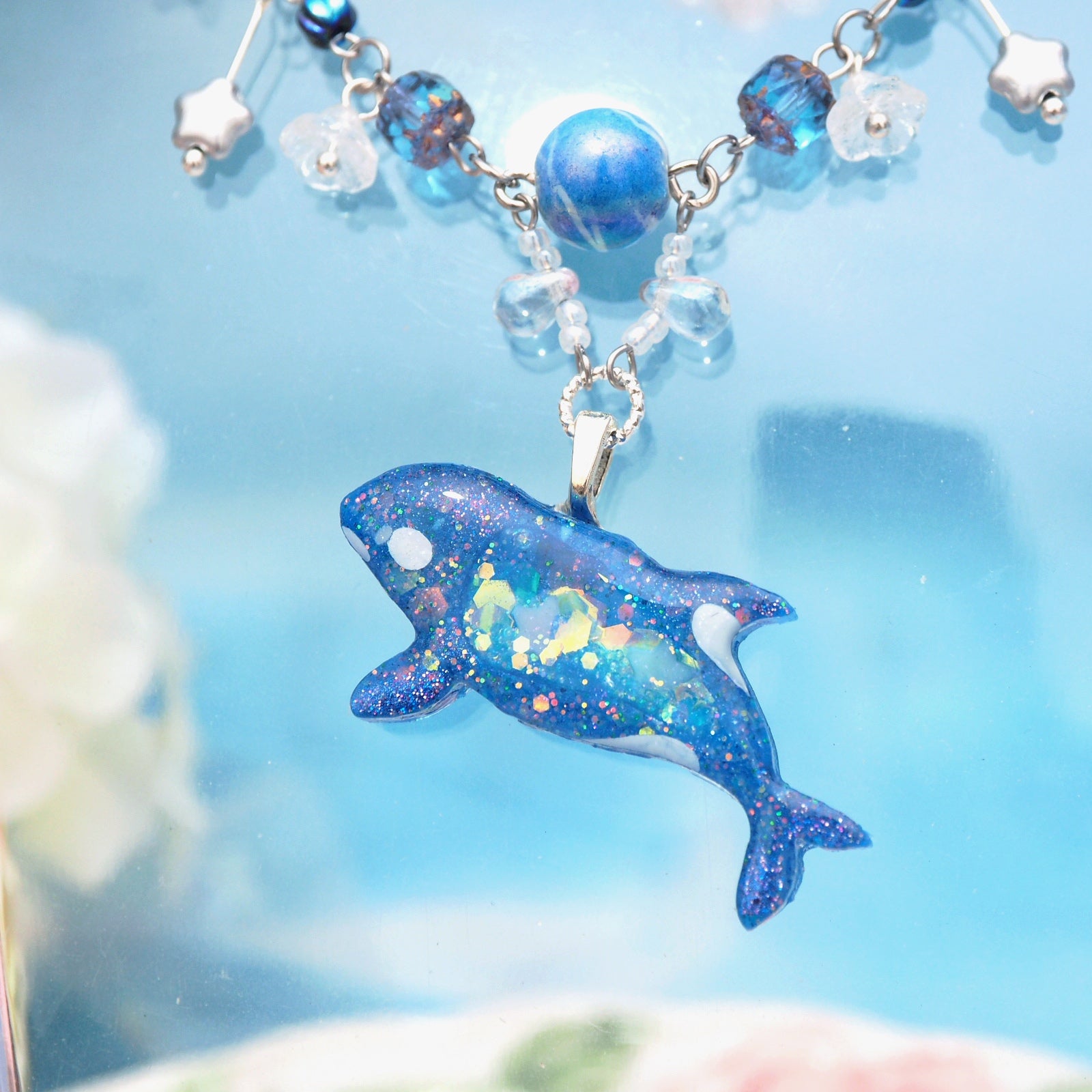 Across the Cosmic Railway - 12" Beaded Necklace with Orca Charm