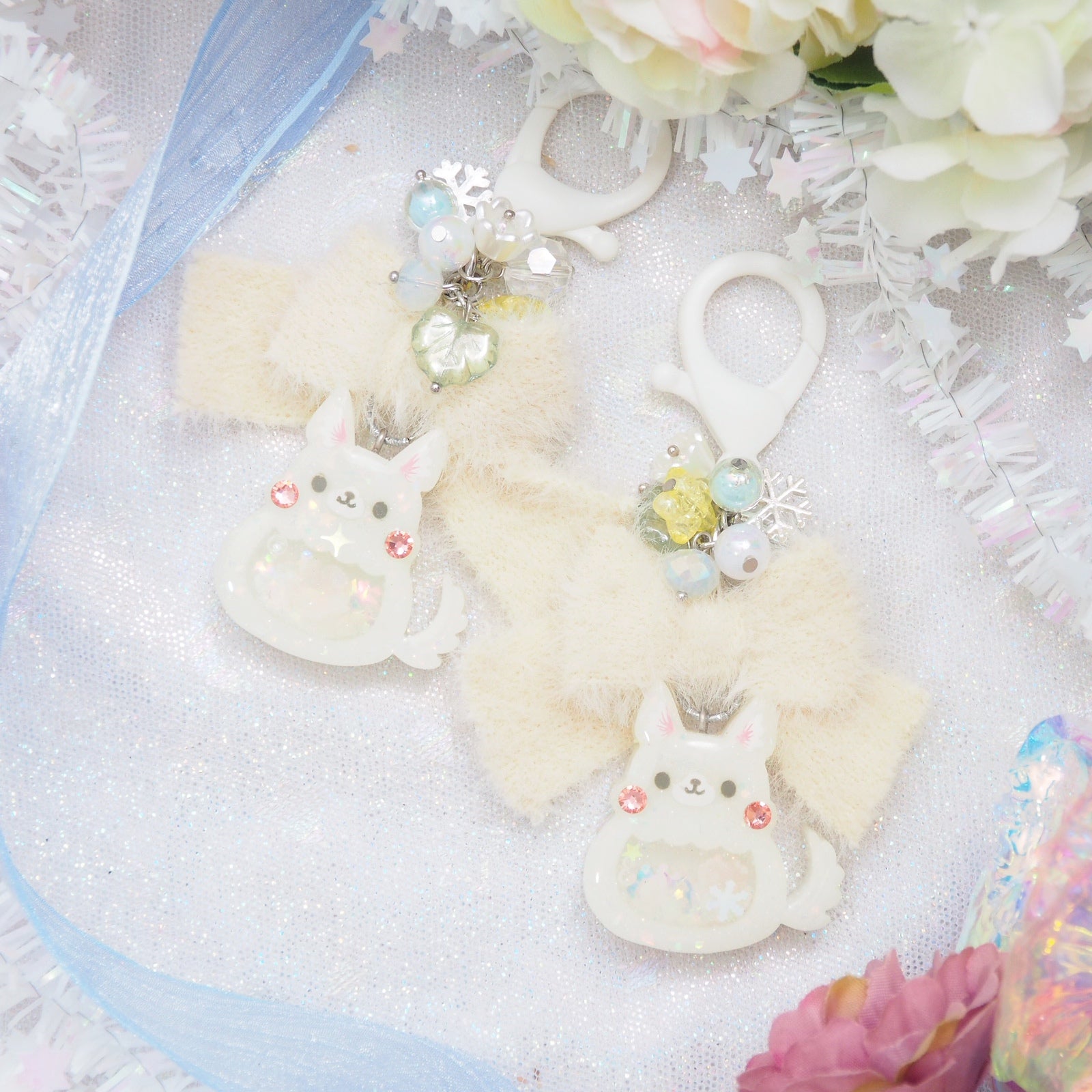Snow Fox Charm with furry ribbon