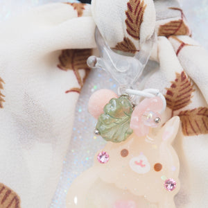 Peach Bun Charm with Leaf print ribbon Hairtie (Flocked back)