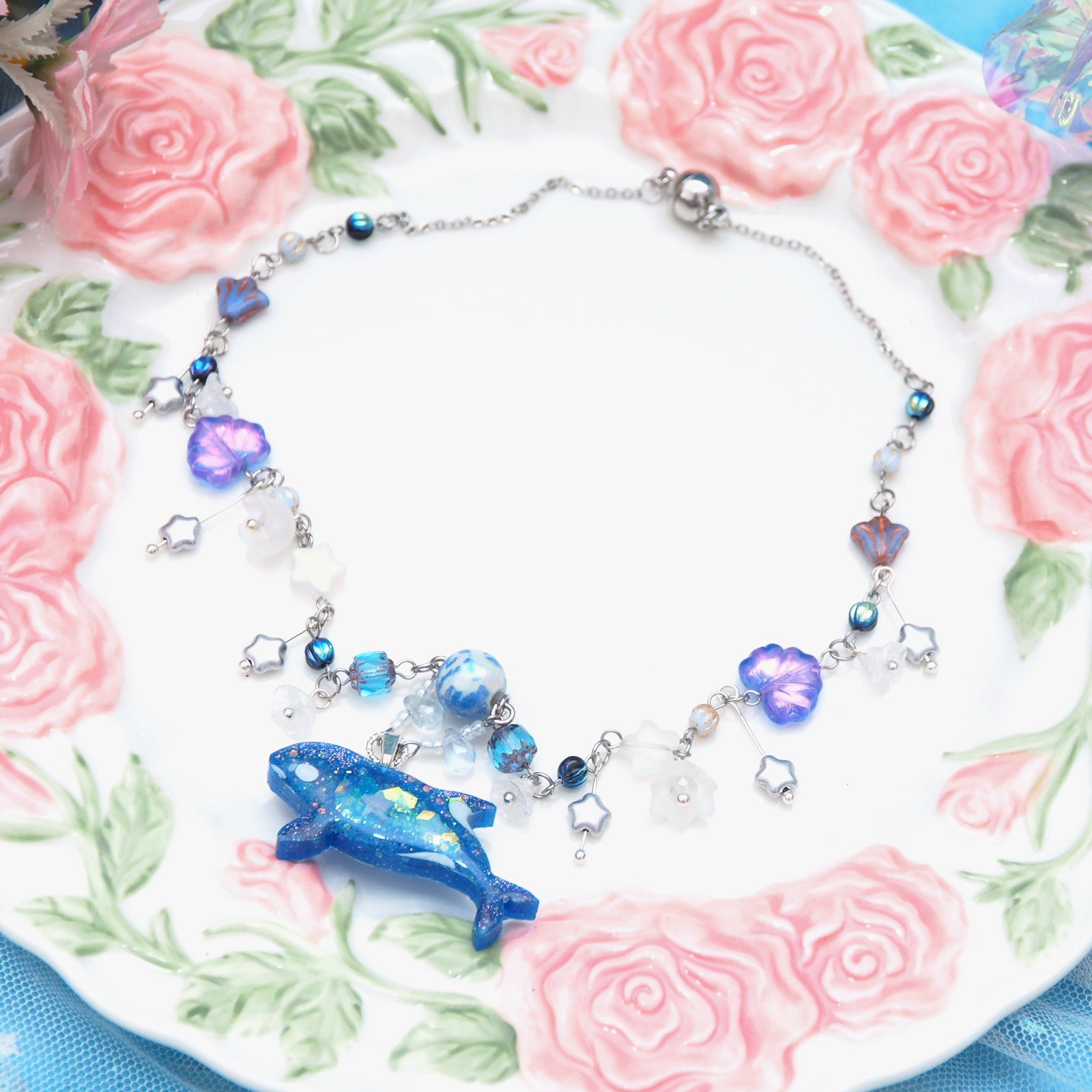 Across the Cosmic Railway - 12" Beaded Necklace with Orca Charm