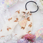 Peach Bun Charm with Leaf print ribbon Hairtie (Flocked back)