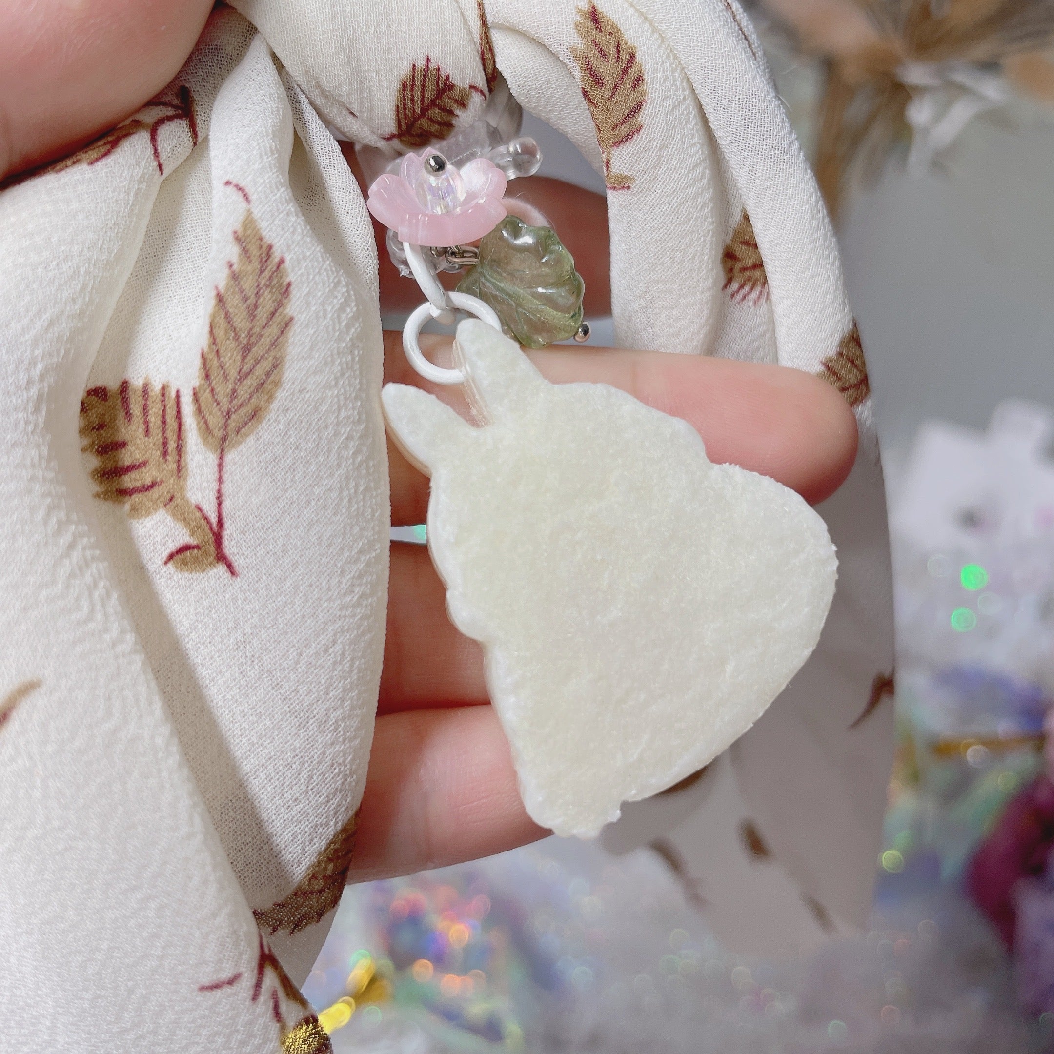 Peach Bun Charm with Leaf print ribbon Hairtie (Flocked back)