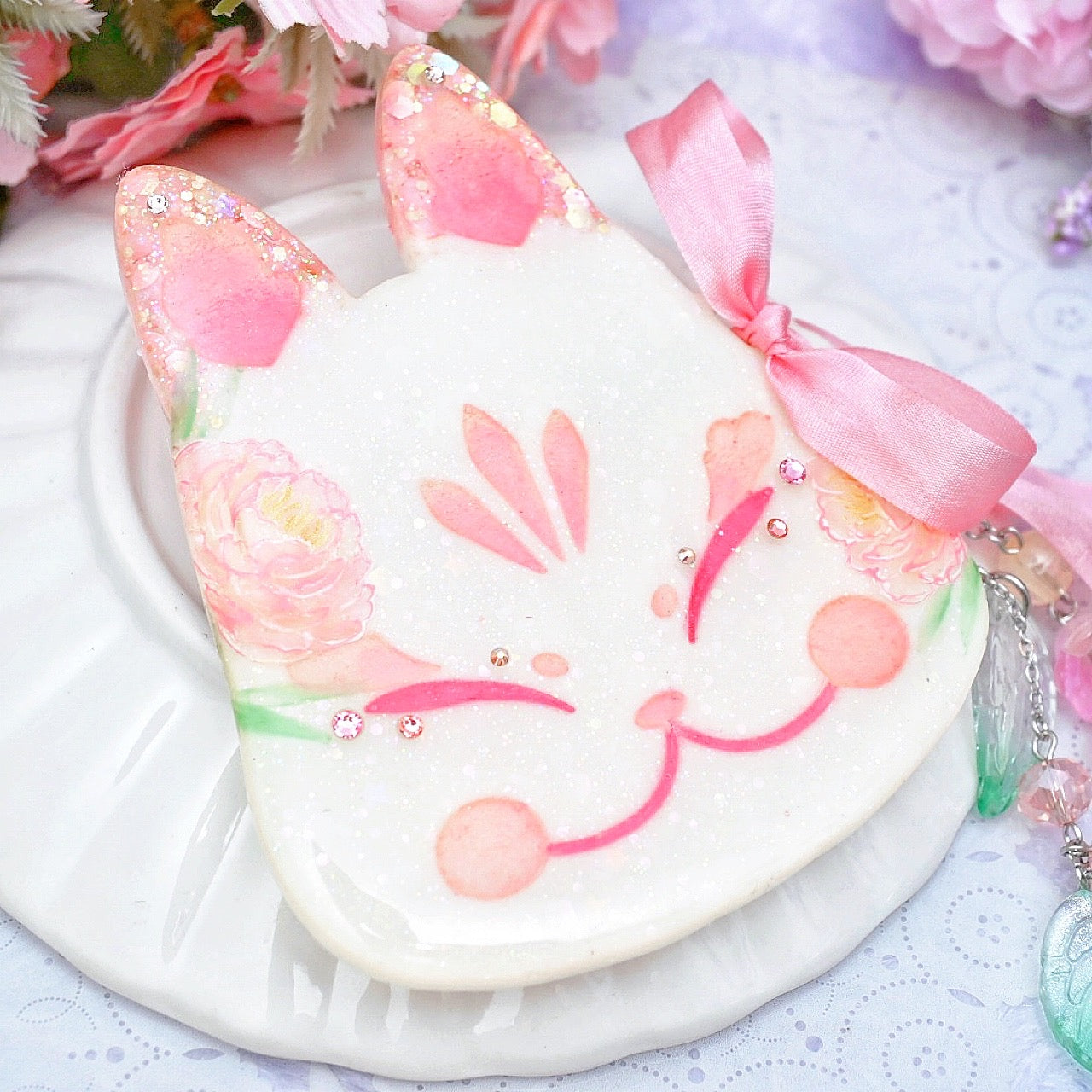 Pink Peony Painted Kitsune Mask