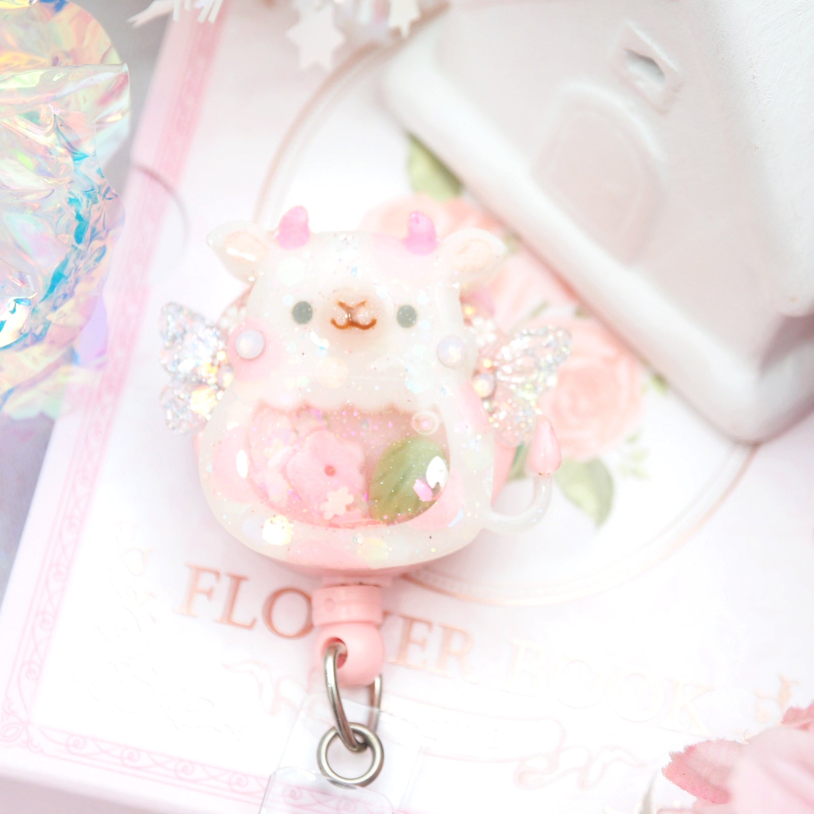 Fairy Cow Round Badge Reel (with sculpted flower on side)