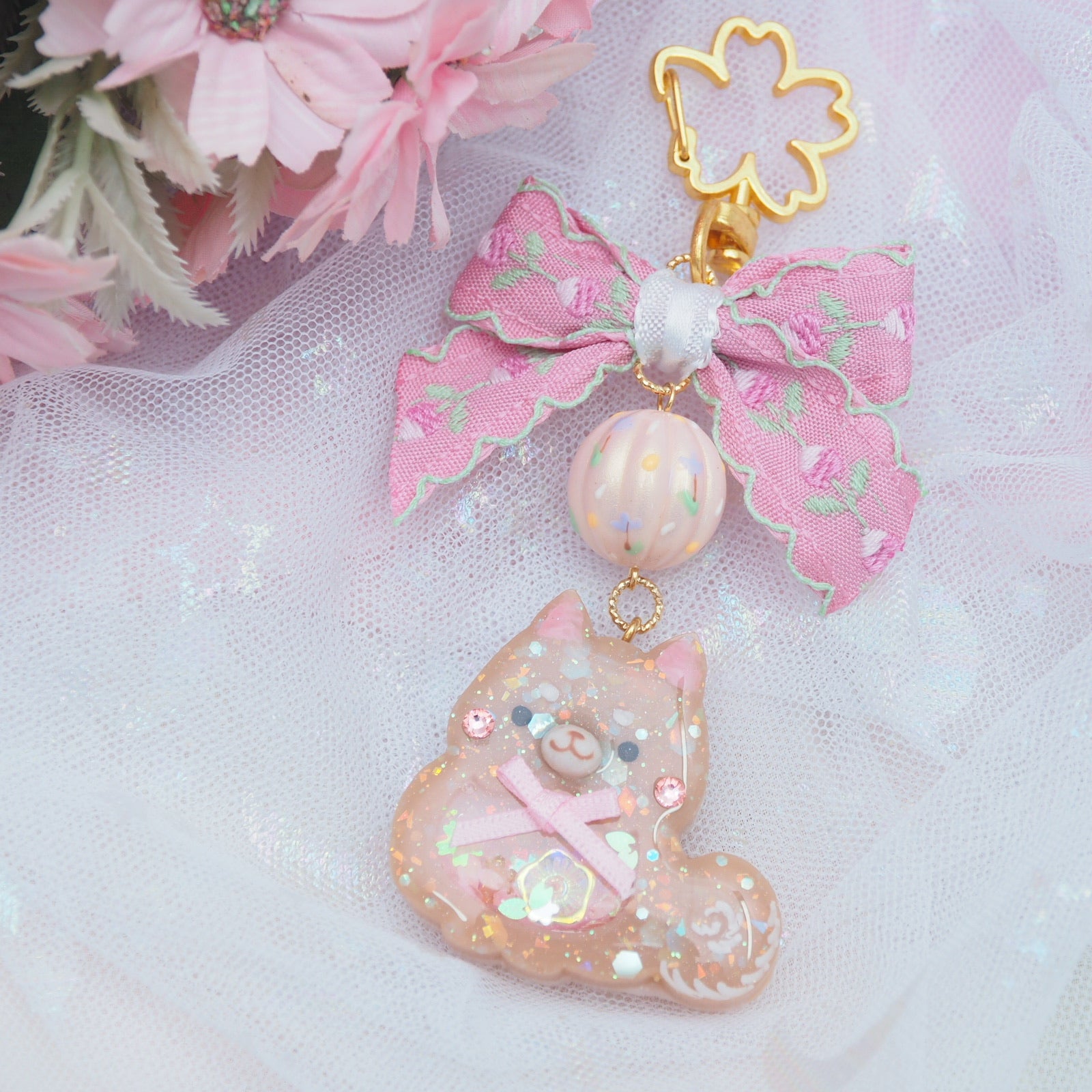 Shiba Charm with handpainted bead (Tan)