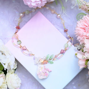 Pink Kagami Mochi Bunny Beaded Necklace with wire-wrapped floral motif