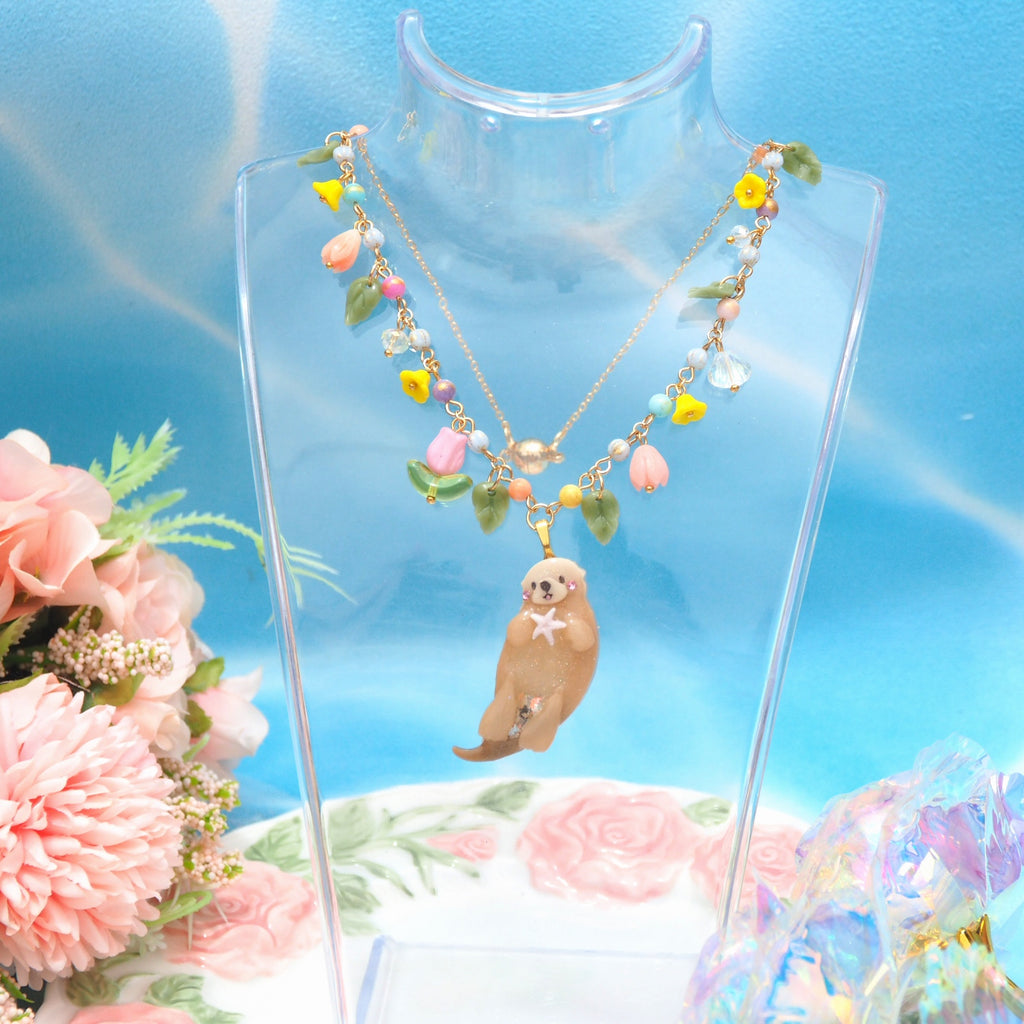 Tropical Delight - 14" Beaded Necklace with Otter Charm