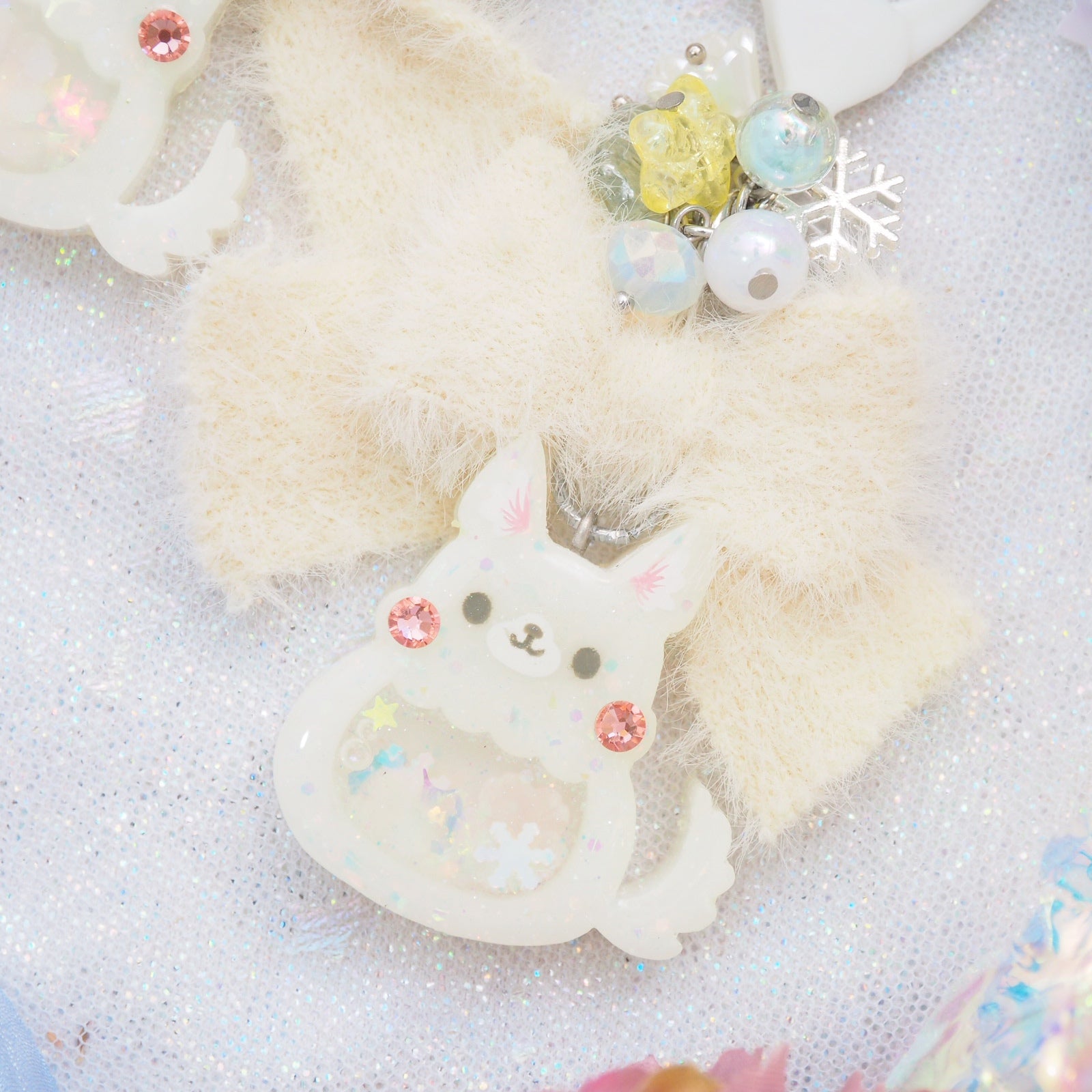 Snow Fox Charm with furry ribbon
