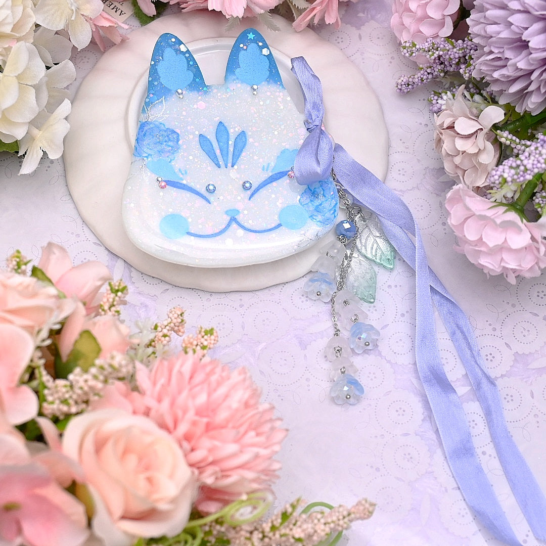 Blue Peony Painted Kitsune Mask