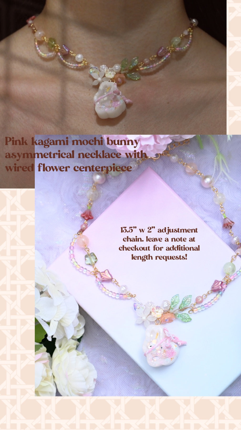 Pink Kagami Mochi Bunny Beaded Necklace with wire-wrapped floral motif