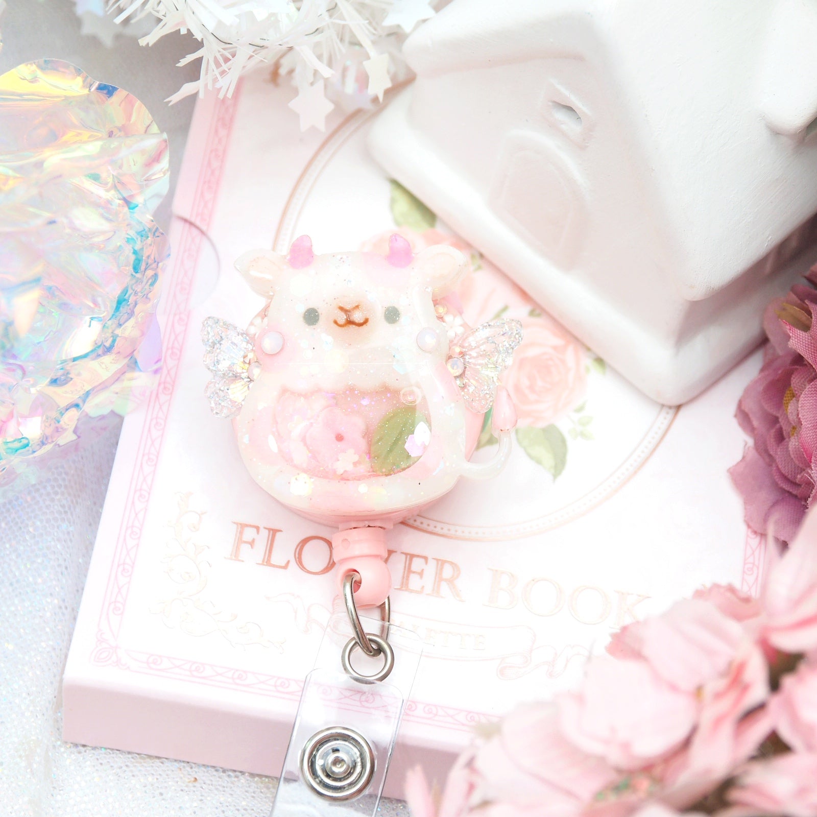 Fairy Cow Round Badge Reel (with sculpted flower on side)