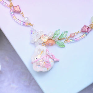 Pink Kagami Mochi Bunny Beaded Necklace with wire-wrapped floral motif