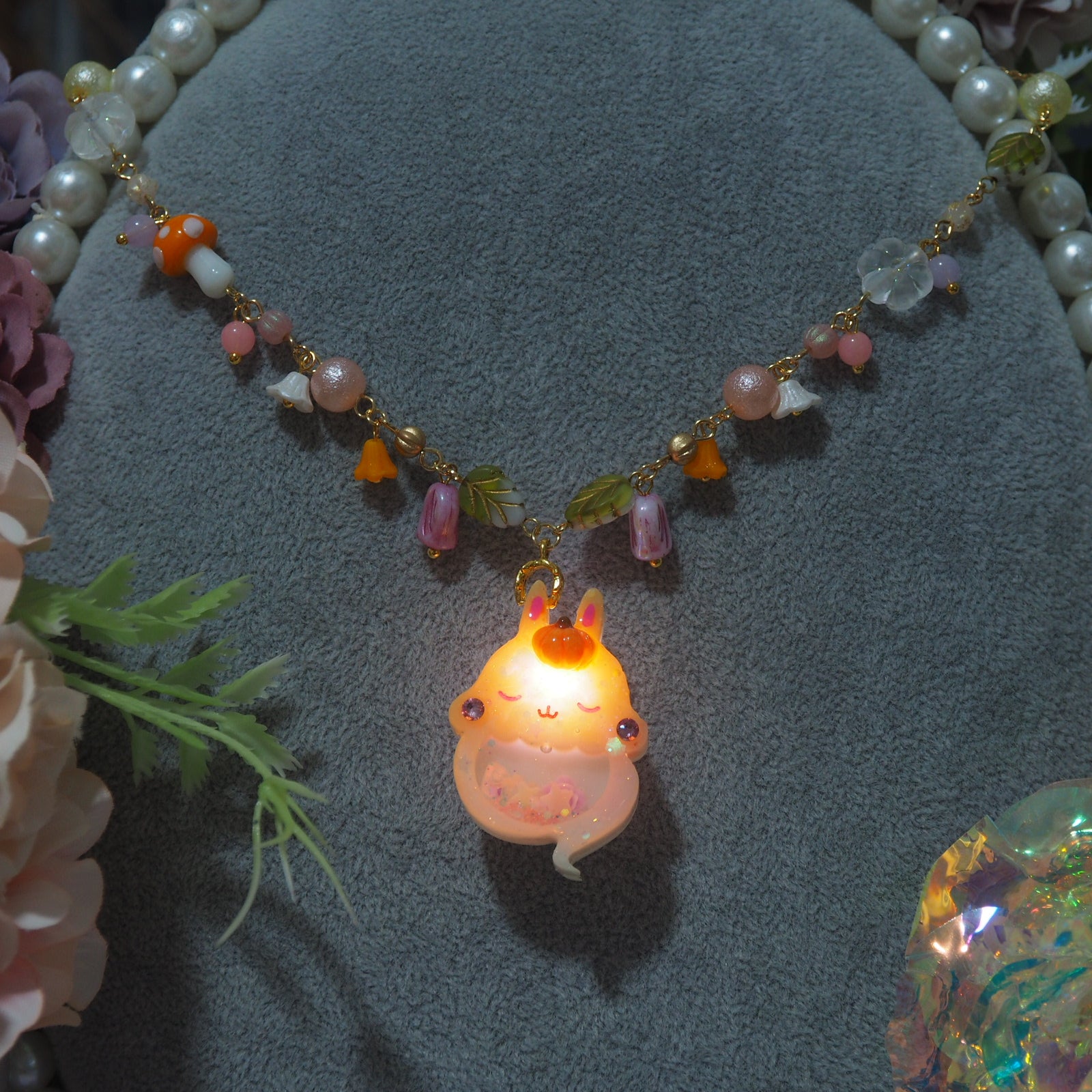 Light Up✨Carrot top Autumn Ghostie Bunkin 14" Beaded Necklace