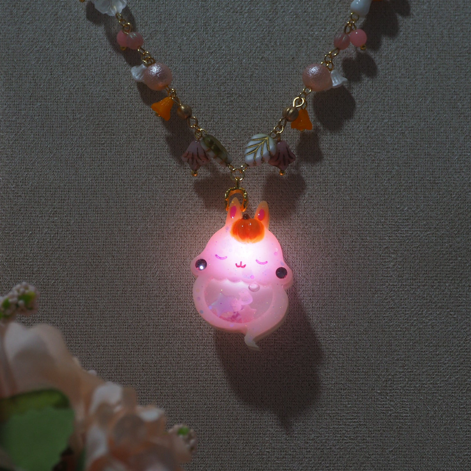 Light Up✨Pink Autumn Ghostie Bunkin 14" Beaded Necklace