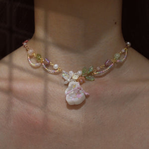 Pink Kagami Mochi Bunny Beaded Necklace with wire-wrapped floral motif