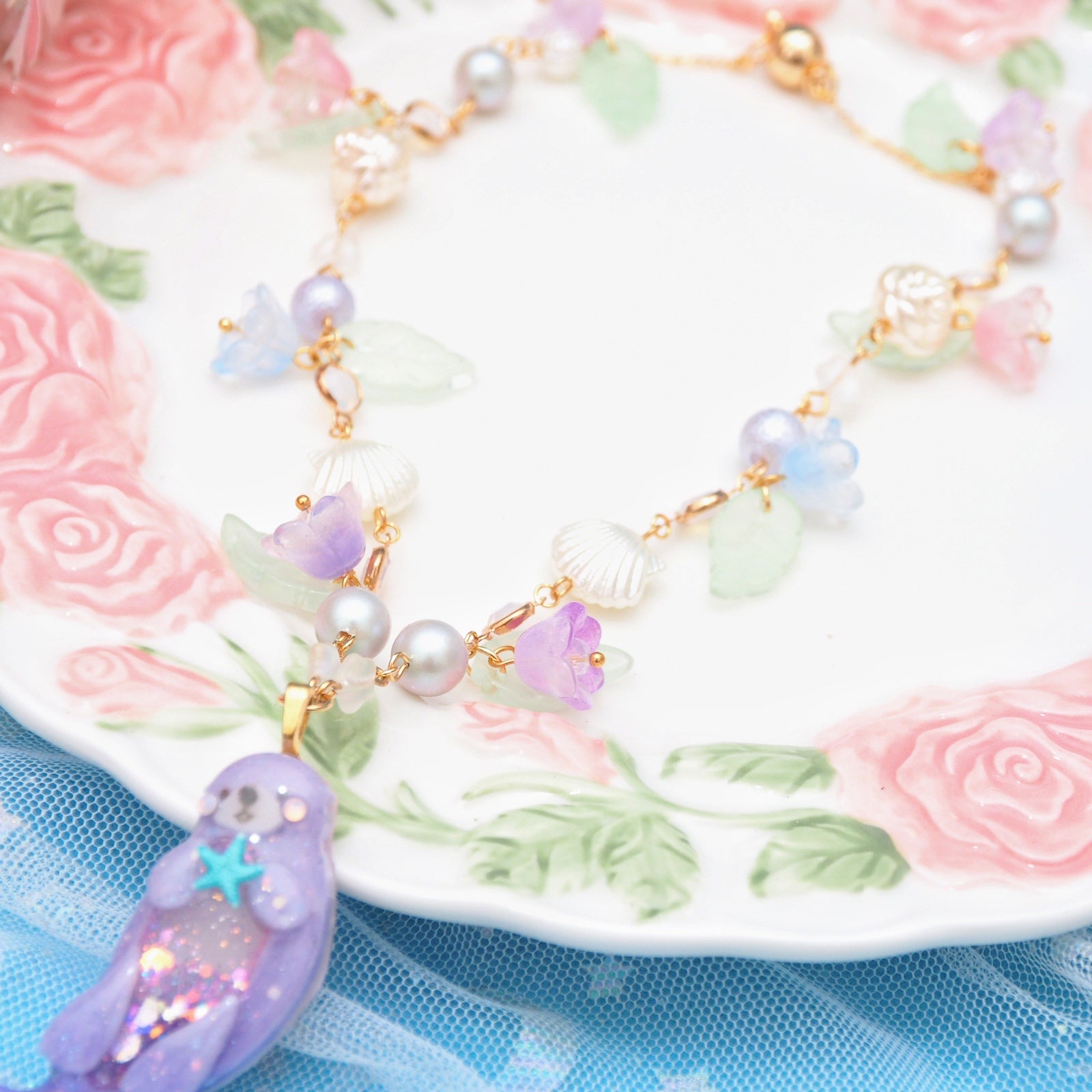 Purpletual Summer - 15" Beaded Necklace with Otter Charm