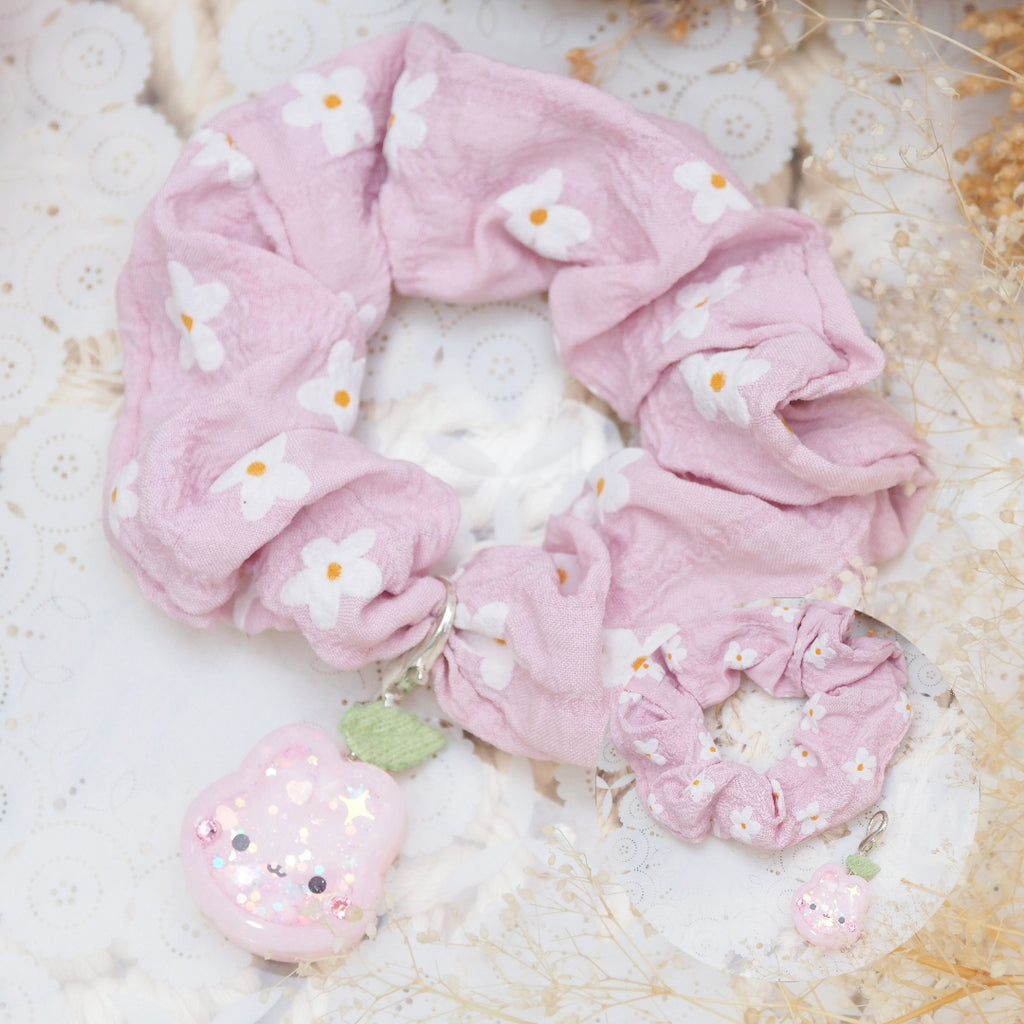 Cherry Bonbun Charm with Pink Floral Srunchie